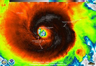 This notated image from the NOAA-NASA Suomi NPP satellite shows cloud-top temperatures inside Hurricane Irma, and other features of the storm. (The scale is in degrees minus Celsius, so the temperatures get warmer toward the center of the storm.) The image was captured on Sept. 4 at 12:32 a.m. EDT (0432 GMT), while the storm was still a Category 3 hurricane.