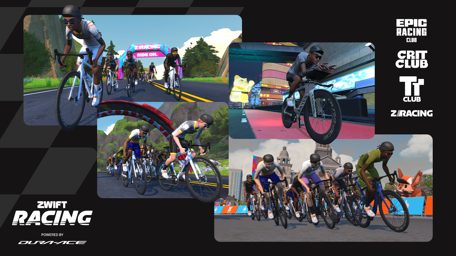 A collage of images showing Zwift racing scenes