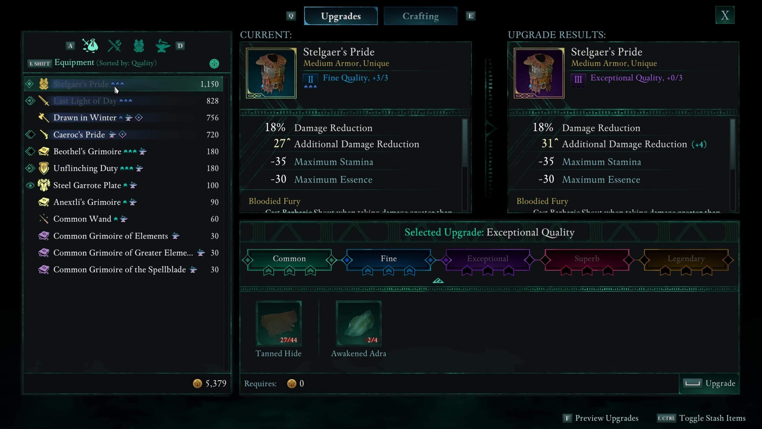 Avowed upgrade weapons and armour - The gear upgrading interface shows the process of improving an item.