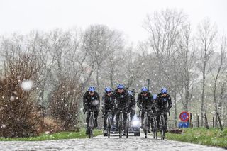 Riders train before Omloop Het Nieuwsblad 2020 in wet snow