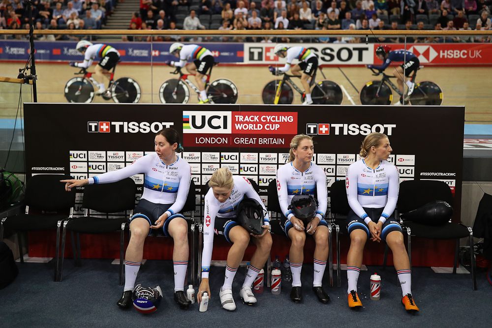 Katie Archibald, Eleanor Dickinson, Laura Kenny and Neah Evans wait for the start of their first round heat of the Women's Team Pursuit during day One of the 2018 TISSOT UCI Track Cycling World Cup