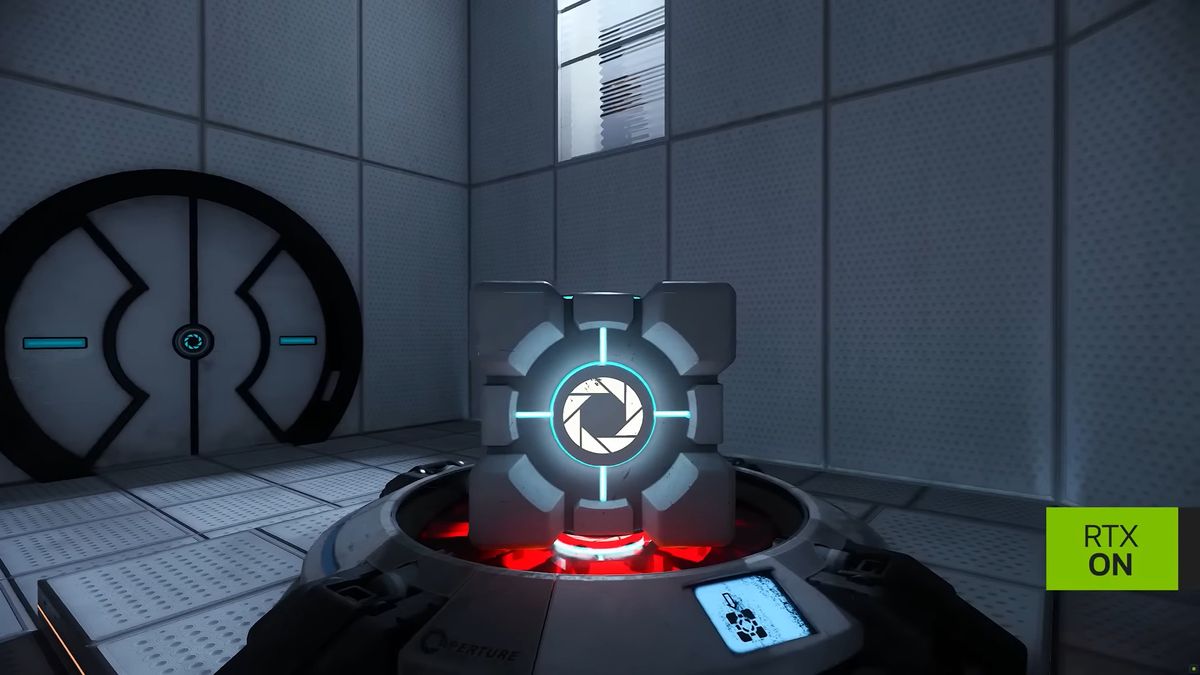 A screenshot from the trailer for Portal RTX, showing a cube lit up the path tracing and the &quot;RTX on&quot; overlay