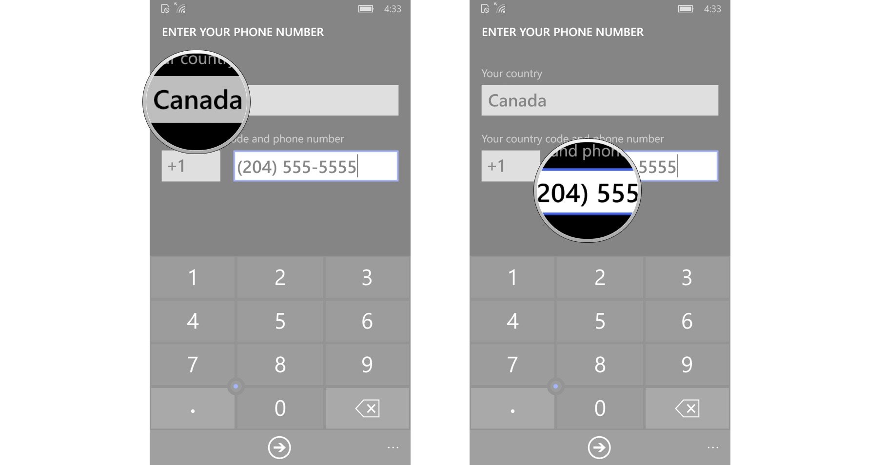 Select your country, enter your phone number