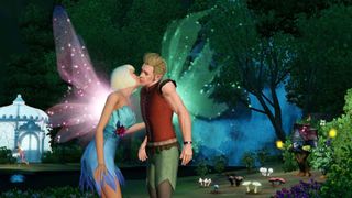 The Sims 3 Supernatural promotional image of two fairy sims kissing in a grotto