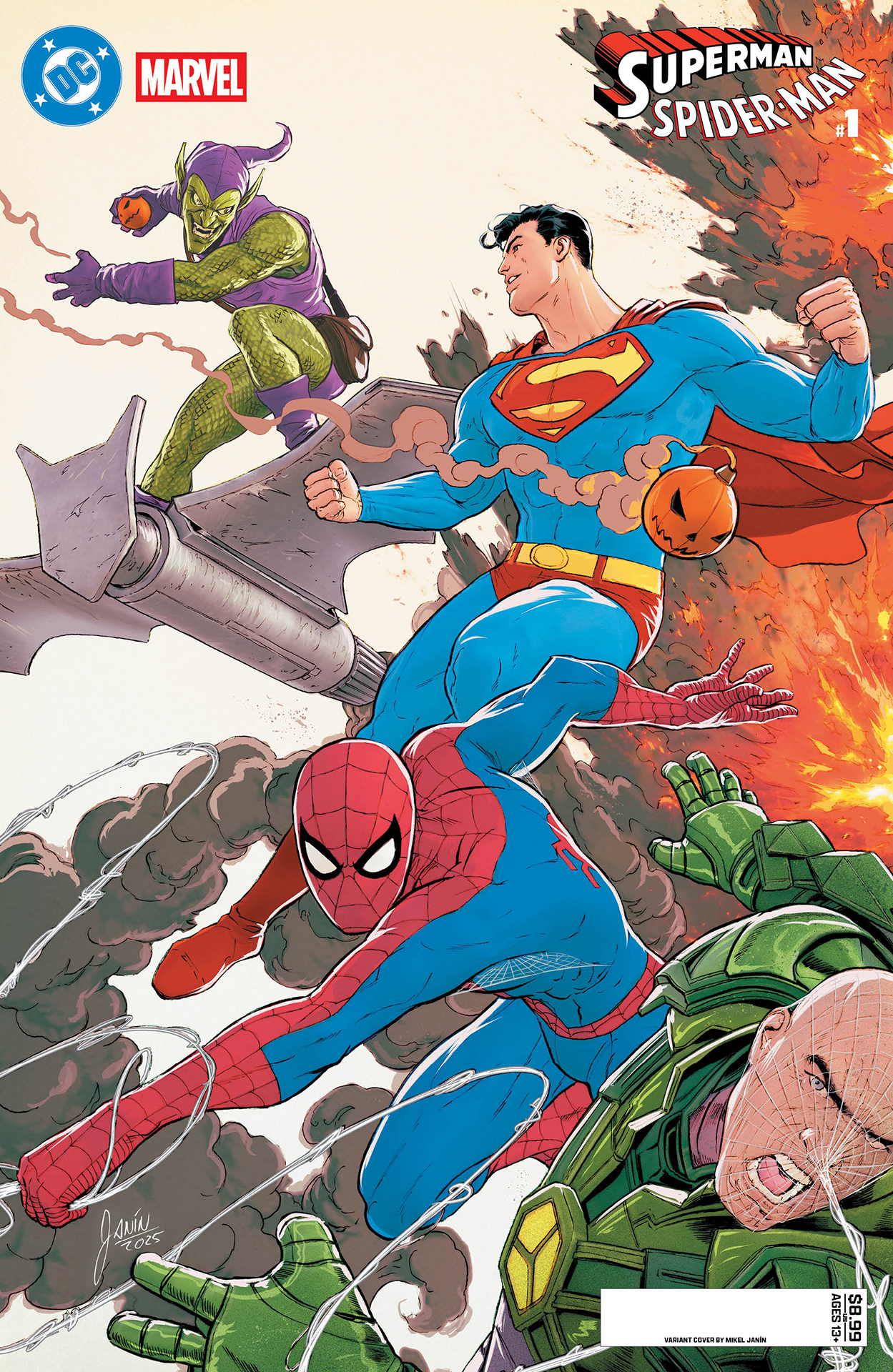 Superman fighting Green Goblin alongside Spider-Man fighting Lex Luthor by Mikel Janin