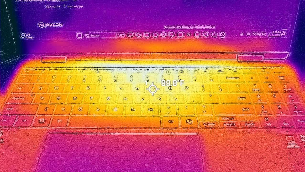 A picture taken with a thermal camera that shows the Samsung Galaxy Book5 Pro 360 keyboard getting warmer near the top.