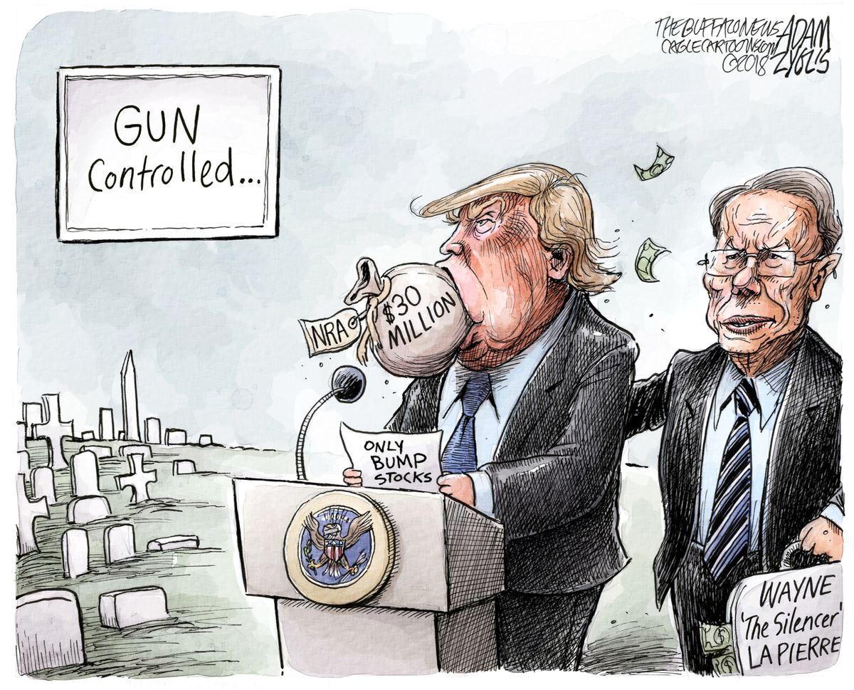 Political cartoon U.S. Trump gun control NRA bump stocks The Week