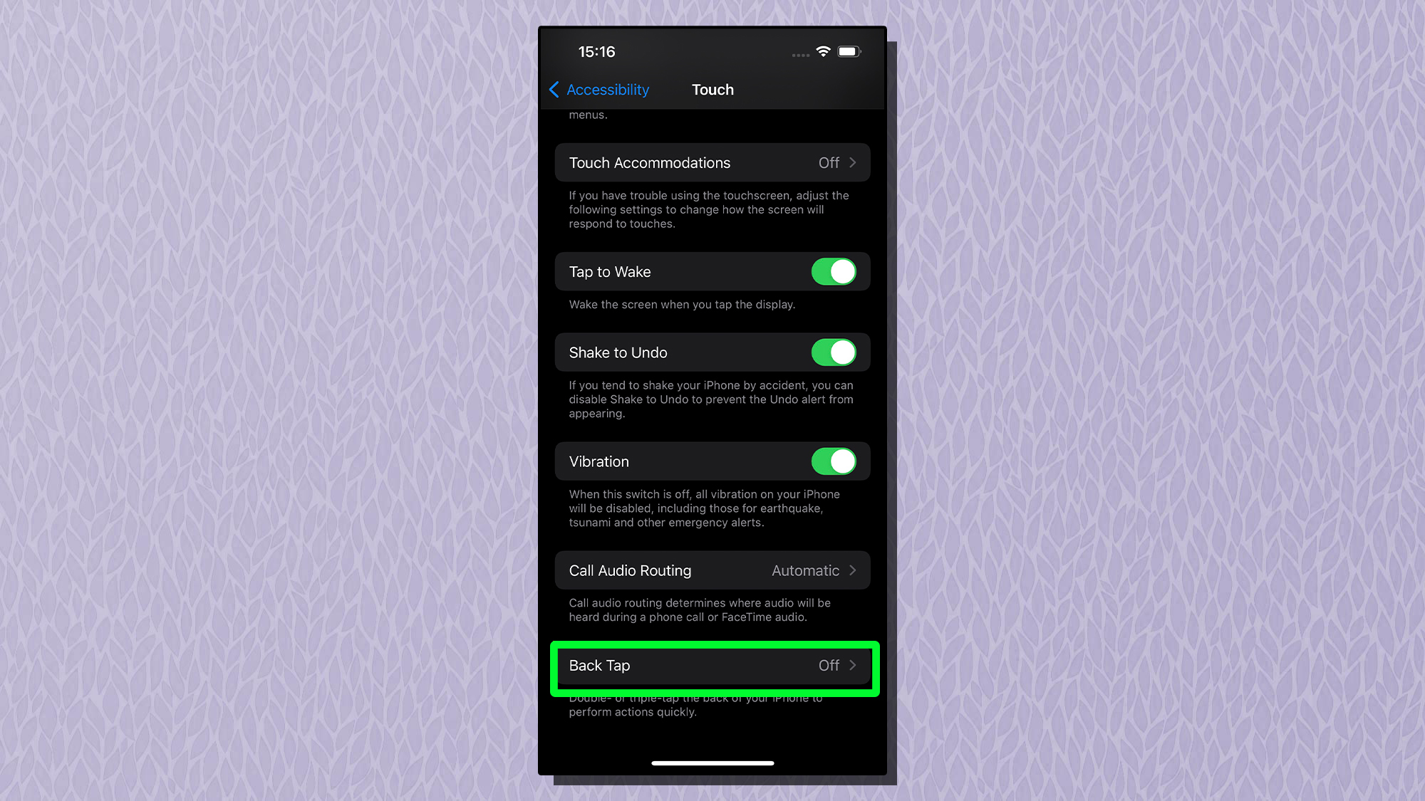 A screenshot showing the Back Tap option highlighted within the Touch menu on an iPhone
