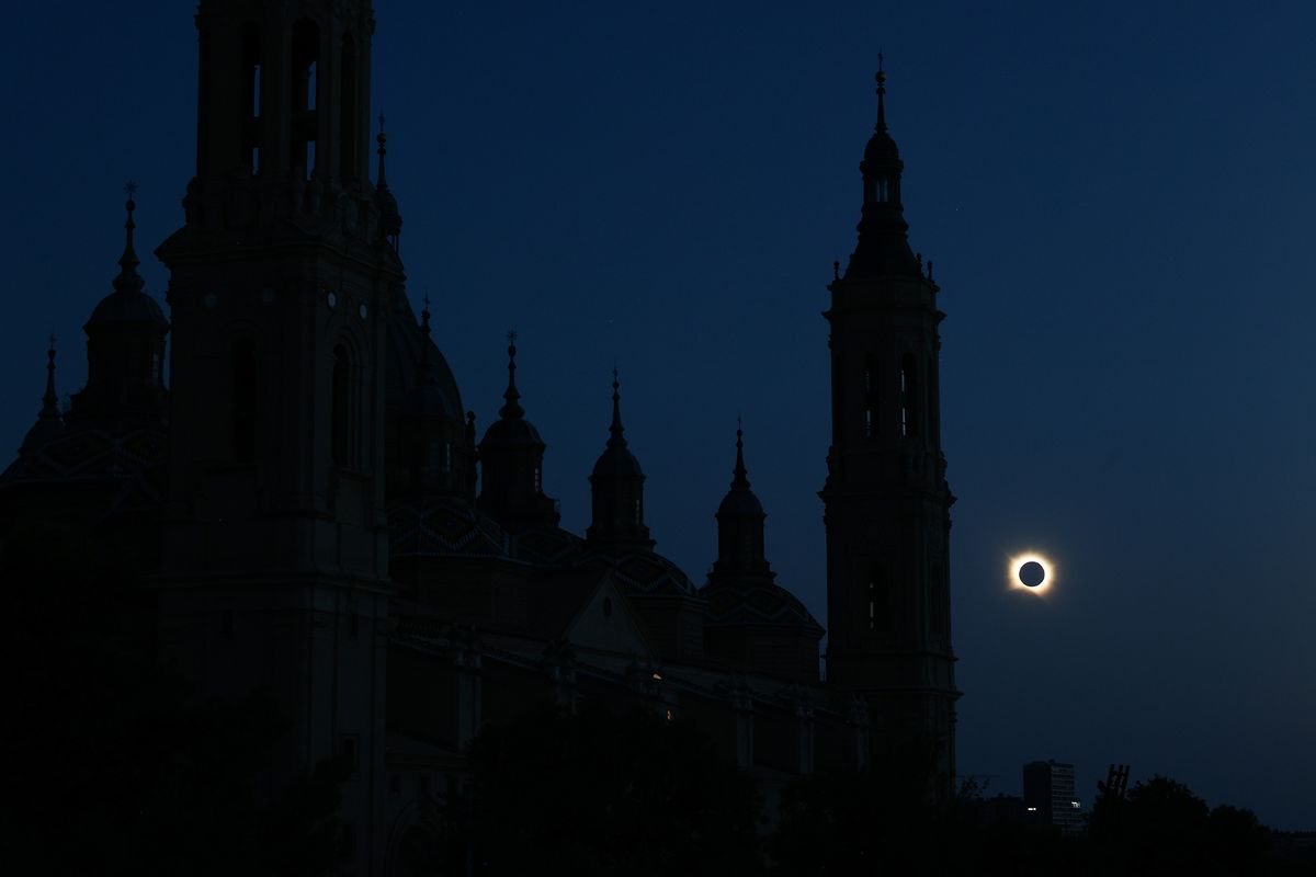 A view of the sun with Catedral-Basilica de Nuestra Senora del Pilar during the total solar eclipse in Zaragoza, Spain on August 12, 2026