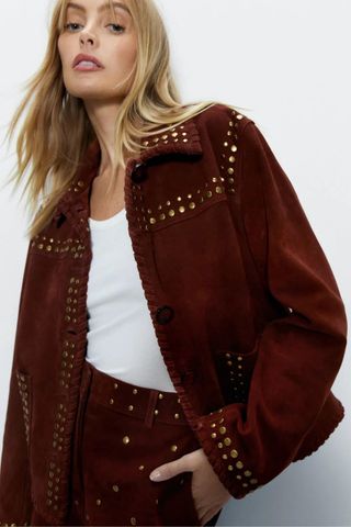 Warehouse Real Suede Studded Trim Jacket