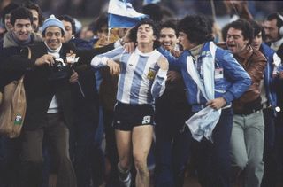Rene Houseman celebrates after Argentina's World Cup win 1978.