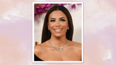 Image of Eva Longoria smiling with brunette hair and wearing a silver crystal necklace, on a pink watercolour background