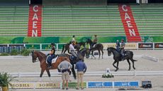 Stewards watching the dressage warm-up at the 2014 World Equestrian Games in Normandy.