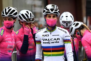 ROUBAIX FRANCE OCTOBER 02 Elisa Balsamo of Italy and Team Valcar Travel Service world champion rainbow jersey prior to the 1st ParisRoubaix 2021 Womens Elite a 1164km race from Denain to Roubaix ParisRoubaixFemmes ParisRoubaix on October 02 2021 in Roubaix France Photo by Tim de WaeleGetty Images