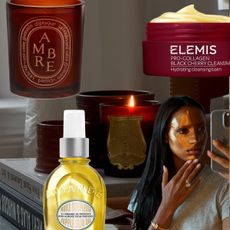 A autumnal collage with candles, beauty products and a selfie of a woman with a sheet mask