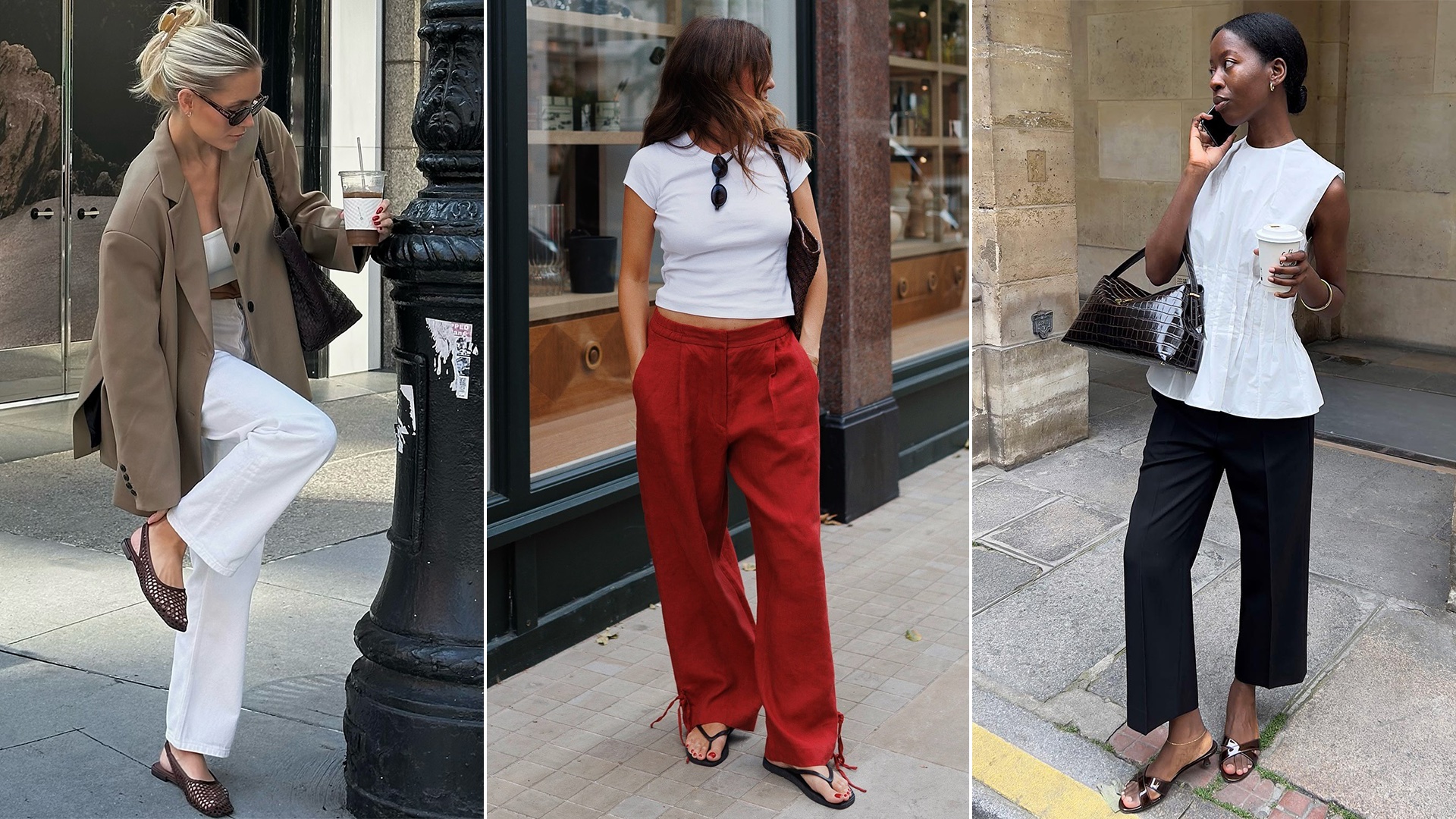 fashion collage featuring style influencers Fredrika Ekerot, Kim Turkington, and Sylvie Mus wearing summer 2026 shoe trends like woven flats, flip-flops, and kitten-heel sandals