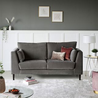 White and grey living room ideas with panelling and grey sofa