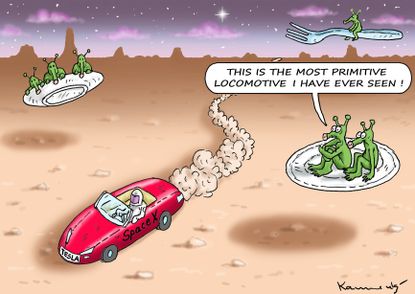Editorial cartoon World SpaceX Tesla Falcon Heavy space aliens