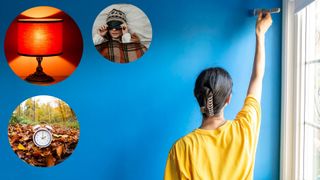 A woman painting her bedroom walls blue for fall and three other images of sleep tips