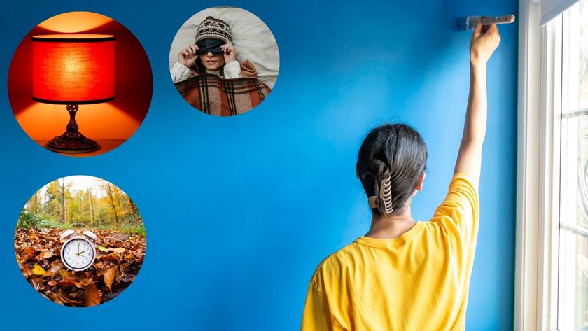 A woman painting her bedroom walls blue for fall and three other images of sleep tips