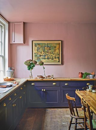 Pink painted kitchen walls with purple cabinets
