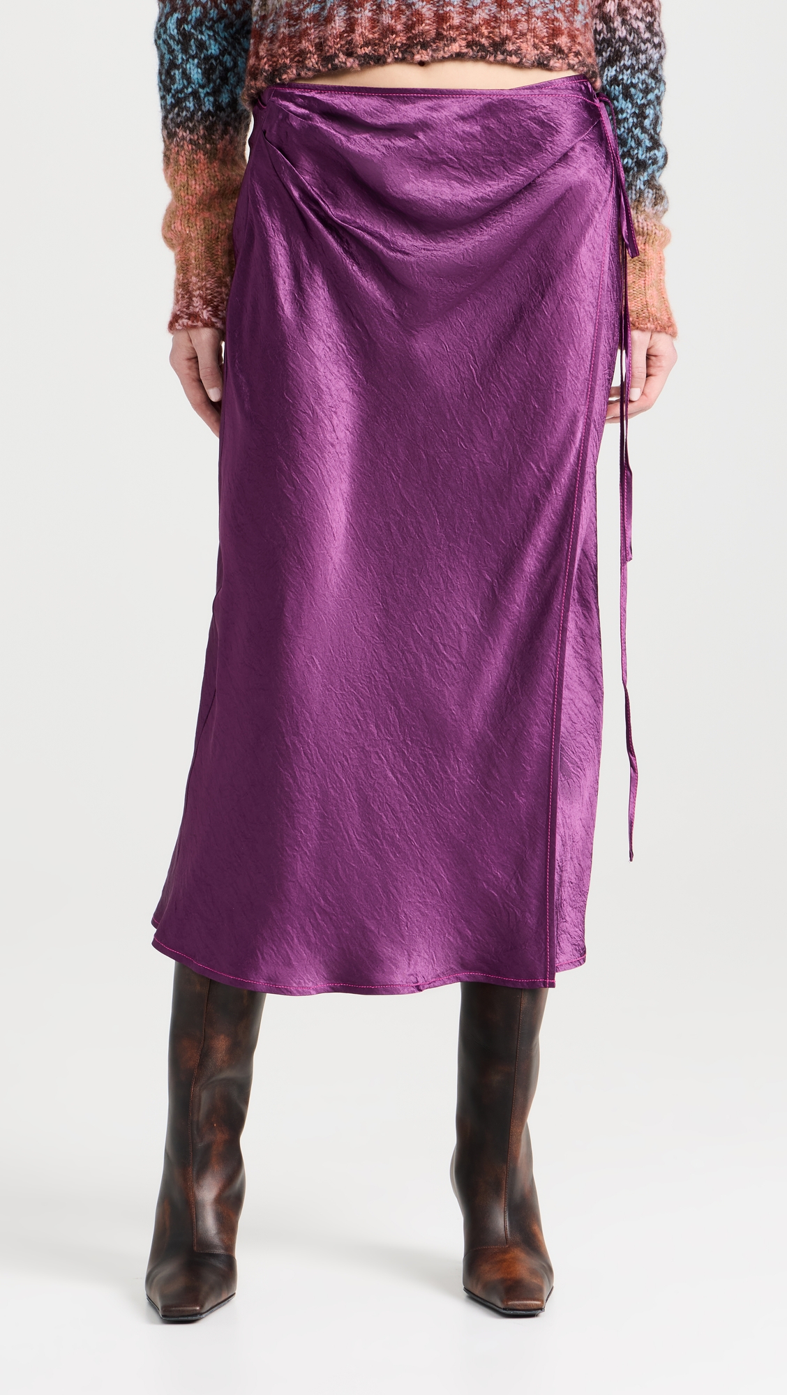 purple wrap midi skirt