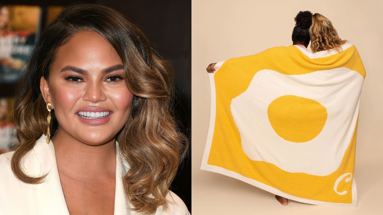 A lead image of Chirissy Teigen and her Chef&#039;s Kiss Cravings yellow throw blanket with fried egg motif