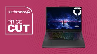 Lenovo Legion 5 on pink background with price cut text overlay