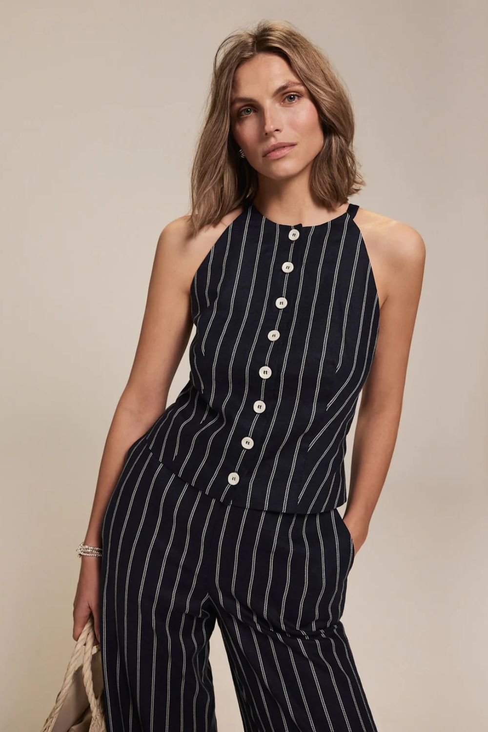 Navy Striped Linen Halter Top