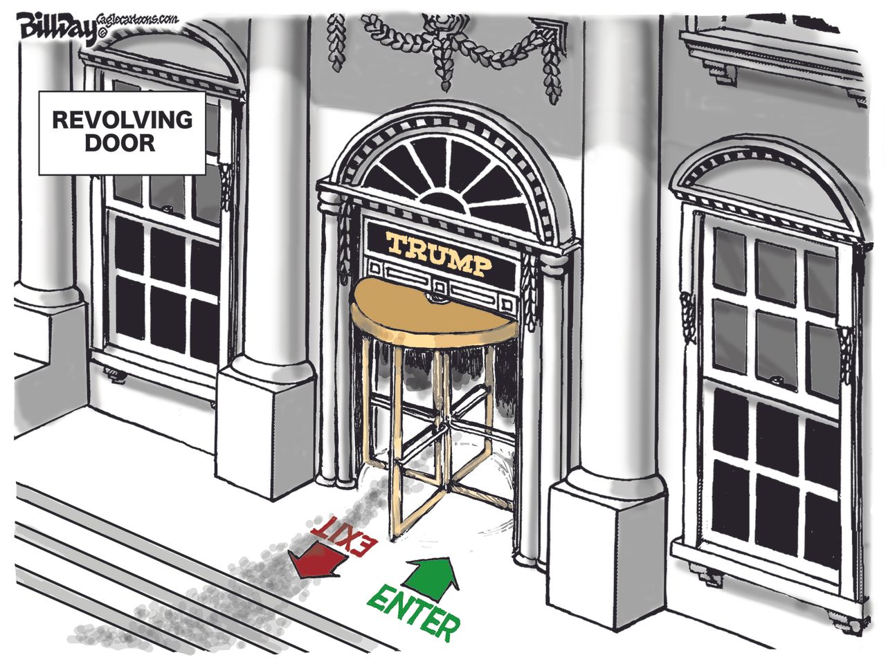 Political cartoon U.S. Trump White House firings revolving door