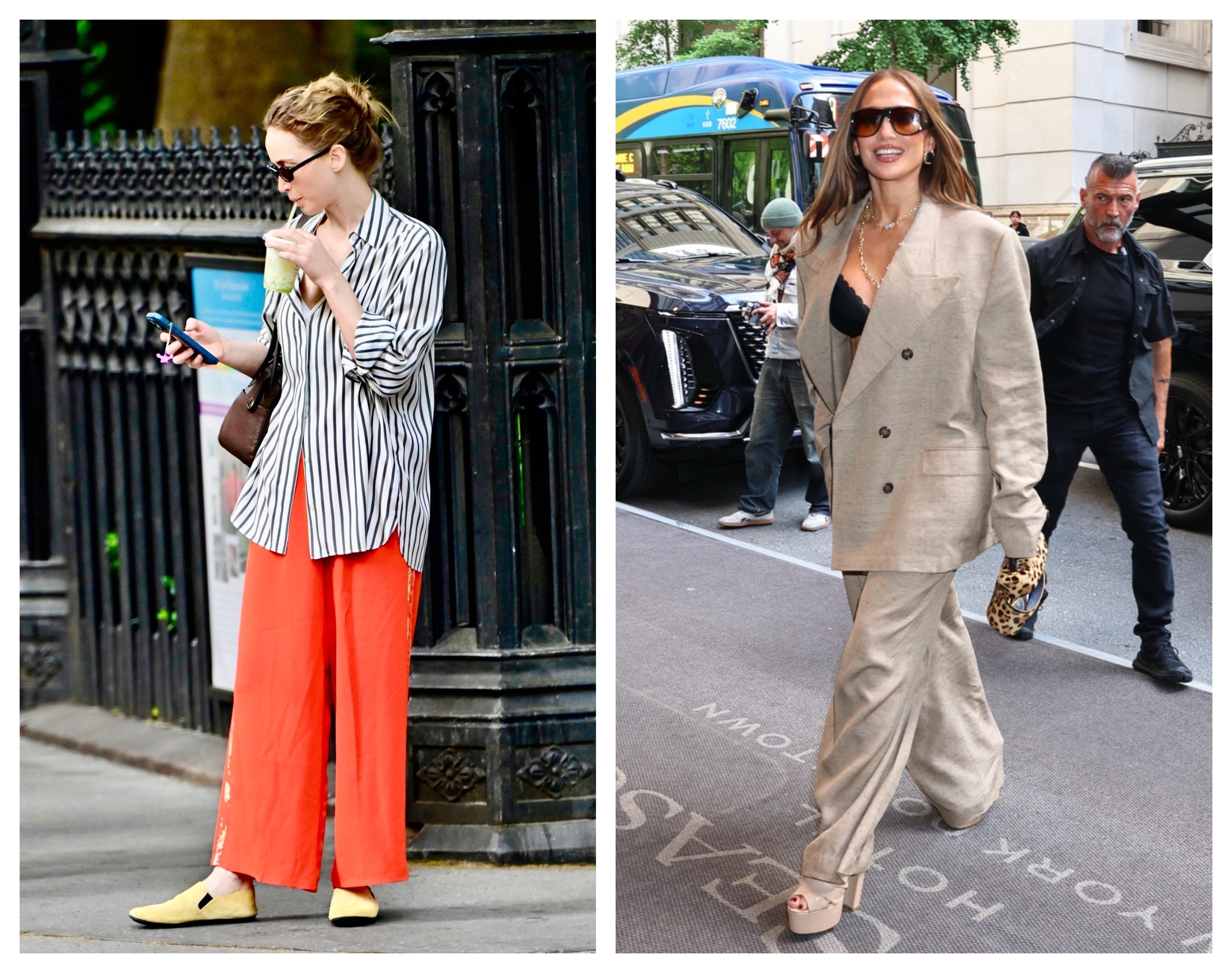 Jennifer Lawrence and Jennifer Lopez styling line pants in New York City, May 2026