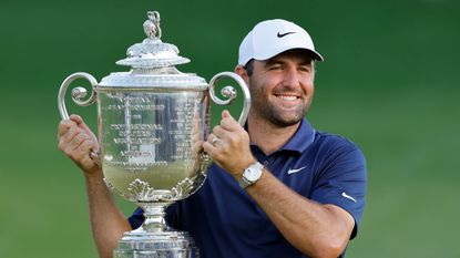 Scottie Scheffler with the Wanamaker Trophy