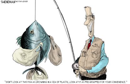 Editorial Cartoon U.S. Big plastic pollution fishing industry climate change