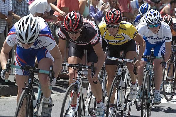 Rochelle Gilmore (third wheel) of the Honda Womens Cycling Team was always near the front and ready for any attacks on the final day.