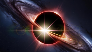 An illustration shows a supermassive black hole acting as a natural particle accelerator firing a high-energy particle right at Earth