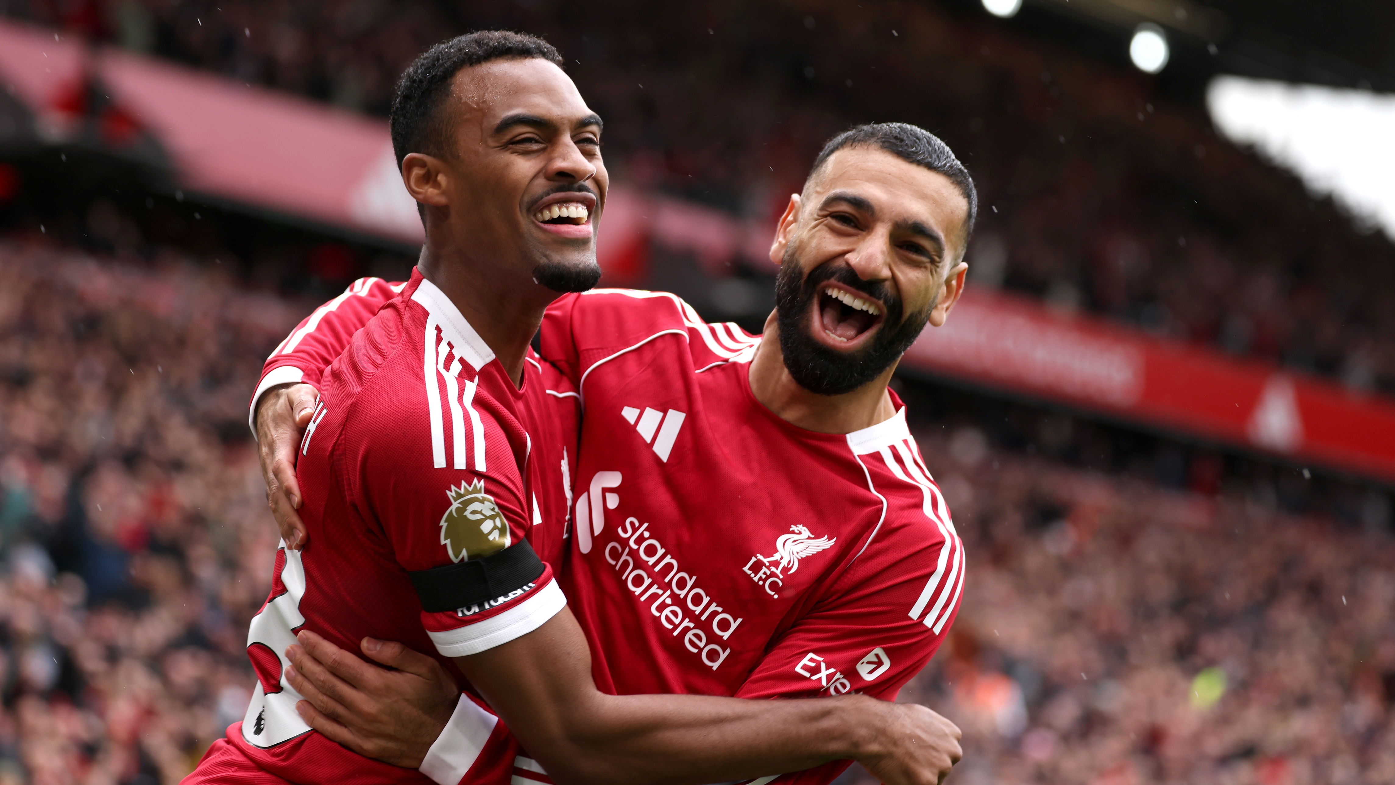 Ryan Gravenberch of Liverpool celebrates scoring his team&#039;s first goal with teammate Mohamed Salah during the Premier League match between Liverpool and Everton at Anfield on September 20, 2025 in Liverpool, England.