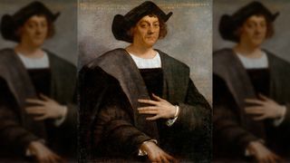 Portrait of a man said to be Christopher Columbus. He has a stern expression on his face. He is wearing dark brown/black robes and a black hat.