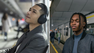 People wearing Sony XM5 headphones and hearbuds at a train station