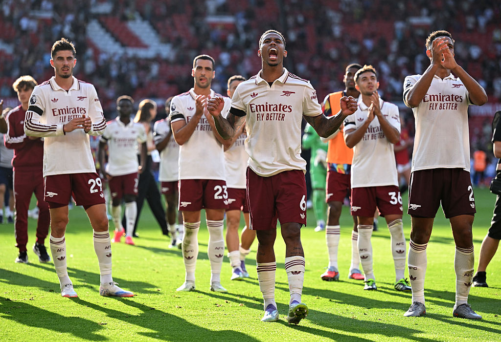 Gabriel of Arsenal celebrates victory following the Premier League match between Manchester United and Arsenal at Old Trafford on August 17, 2025 in Manchester, England.