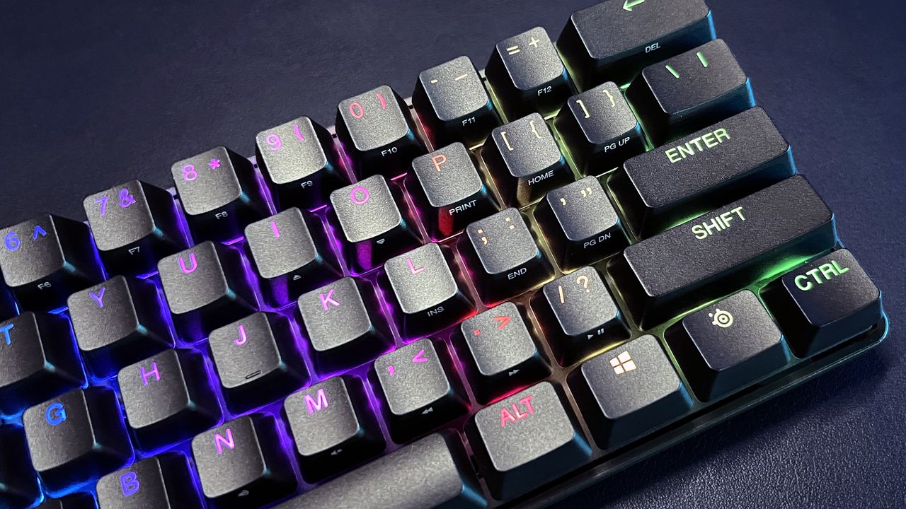 close up of right side of SteelSeries Apex Pro Mini gaming keyboard with RGB lighting