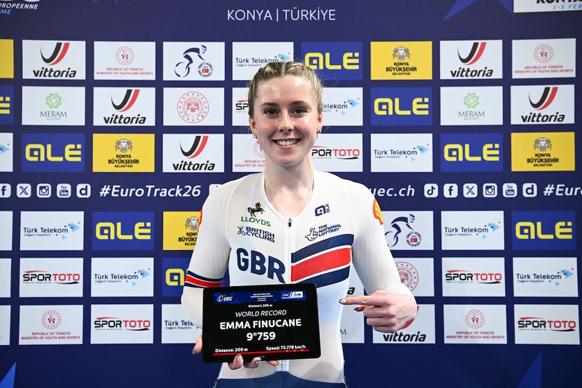 Picture by Olly Hassell/SWpix.com - 02/02/2026 - Cycling - 2026 UEC Track Elite European Championships - Konya Velodrome, Konya, T&uuml;rkiye - Women's Sprint Qualifying - Emma Finucane (Great Britain) after the Women's Sprint Qualifying 200m flying start setting a new world record of 9.759