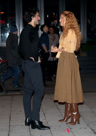 Justin Baldoni and Blake Lively are seen on the set of "It Ends with Us" on January 12, 2024 in Jersey City, New Jersey. (Photo by Jose Perez/Bauer-Griffin/GC Images)