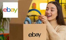 ebay logo placed over an image of a woman unpacking headphones from an ebay box