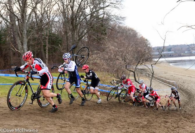 Derrick St. John (Stevens Racing p/b The Cyclery) leading on a run-up from the ocean
