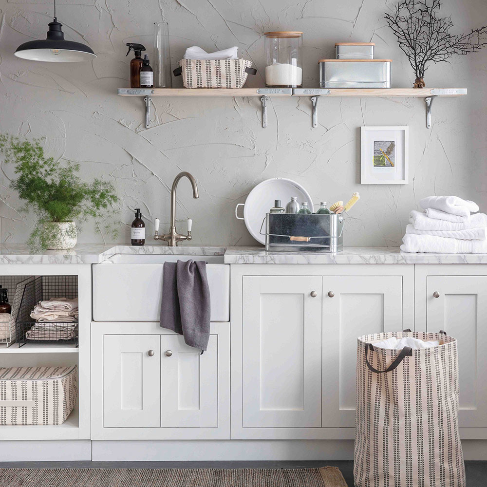white utility room with open shelving