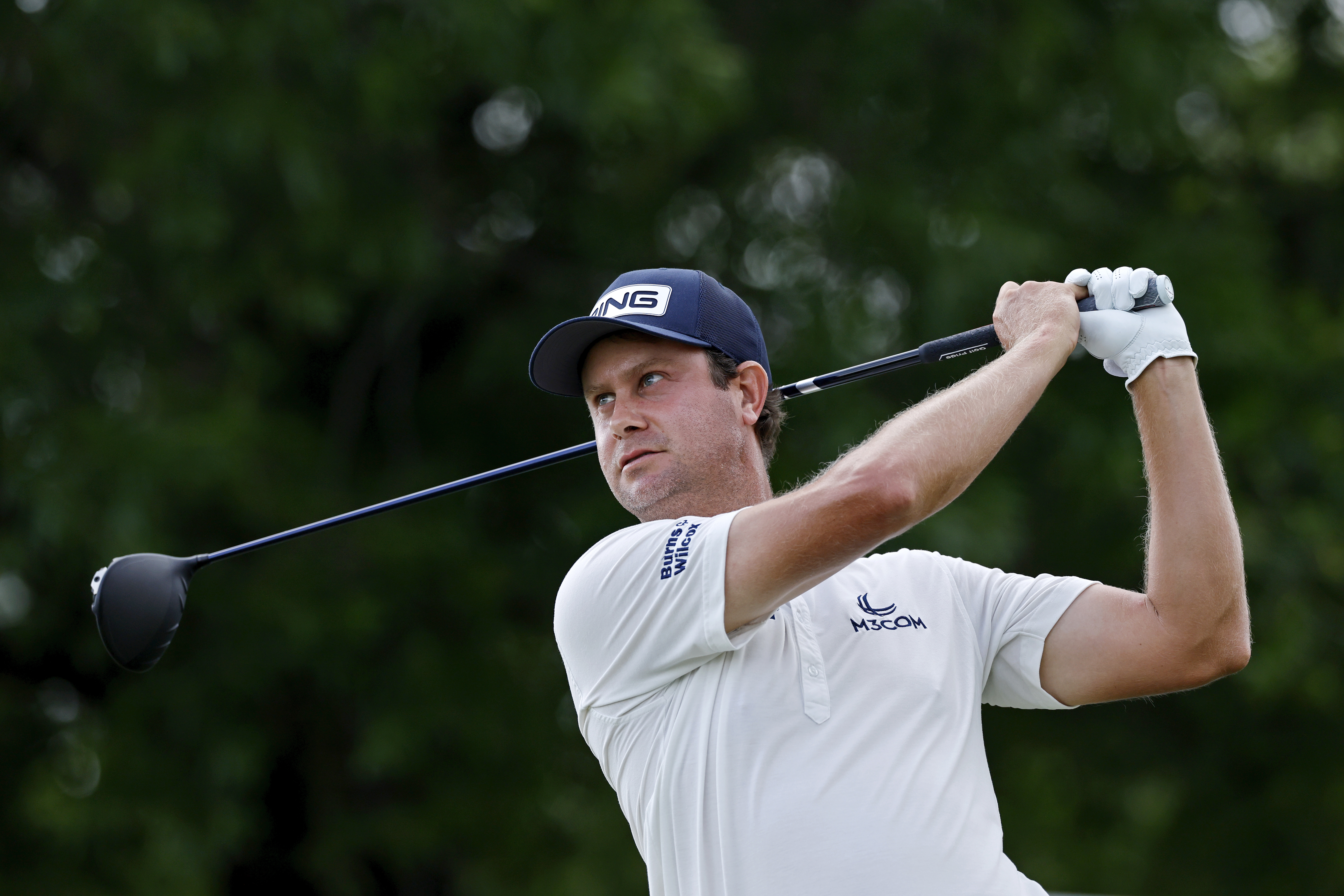 Harris English hits a drive at the tenth hole during the third round of the Truist Championship