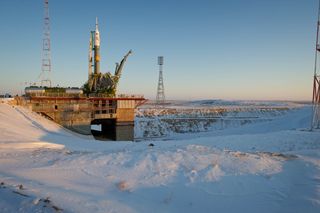The Soyuz TMA-03M spacecraft stands on the launch pad at the Baikonur Cosmodrome in Kazakhstan. The vehicle is slated to carry three new crewmembers to the International Space Station on Wednesday (Dec. 21).