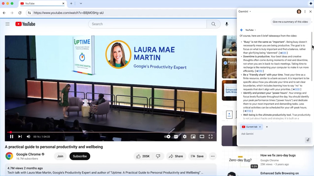 Gemini in Chrome on a computer will soon let users ask the AI questions about a video or let it summarize its contents.