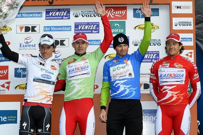 The podium: Sylvain Chavanel (OmegaPharma - QuickStep), Alexander Kristoff (Katusha), Koen Barbe (Landbouwkrediet - Euphony), Marco Haller (Katusha)