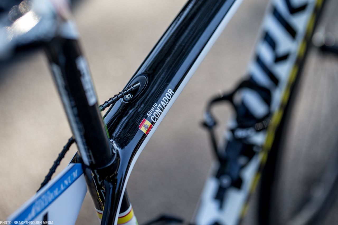 Just in case it wasn't clear the bike belongs to Alberto Contador, there is any also his name and the Spanish flag adorned on the top tube